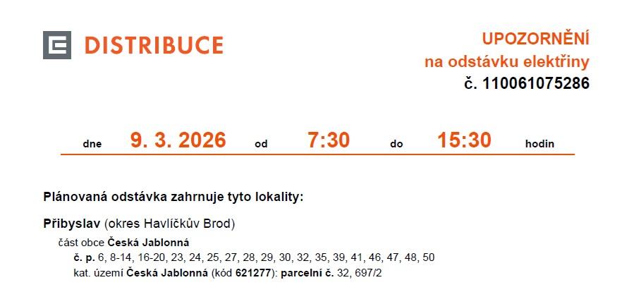odstávka el. energie 9.3.2026